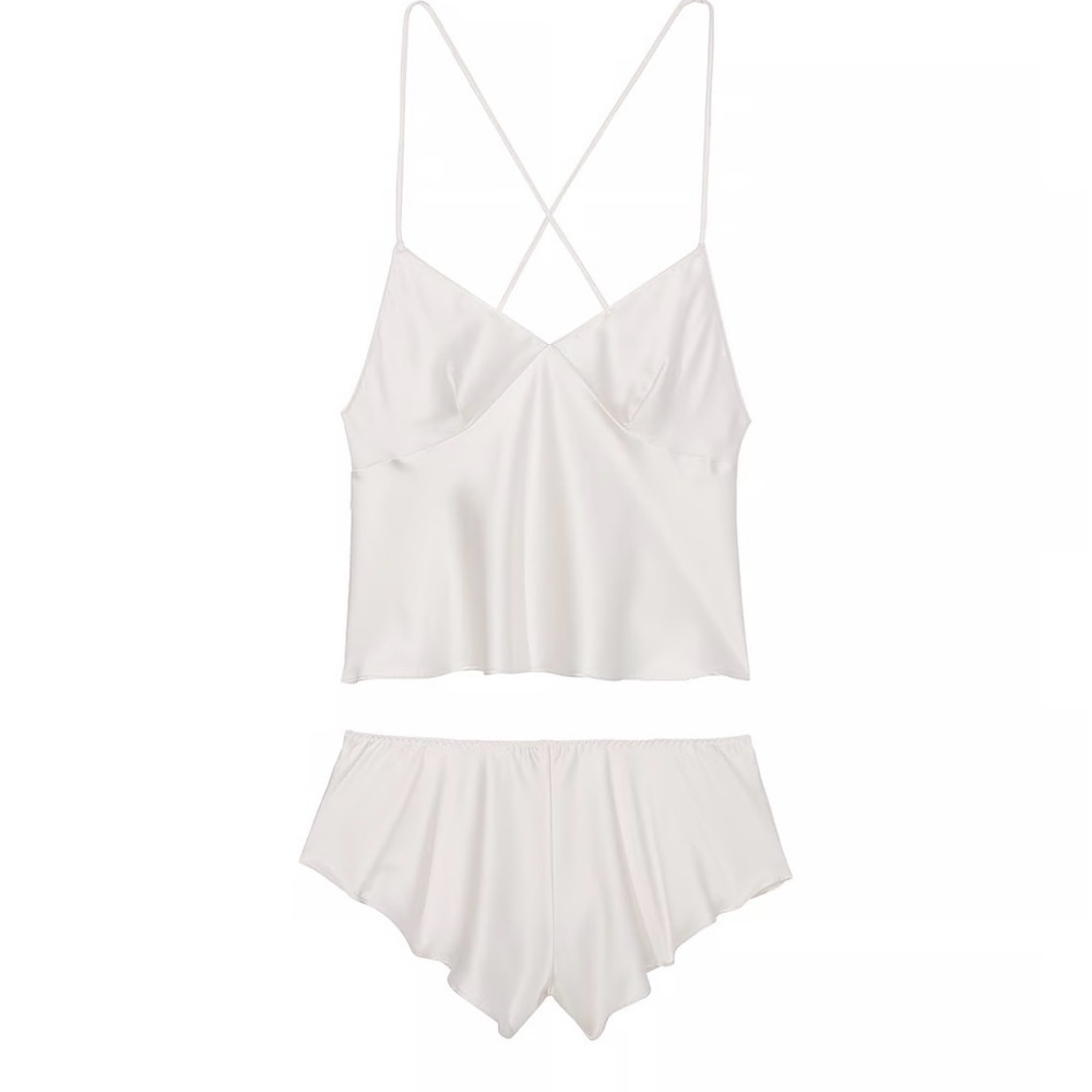 Victoria Secret Open Back Cami Set Silk Set White Satin Sleepwear Set